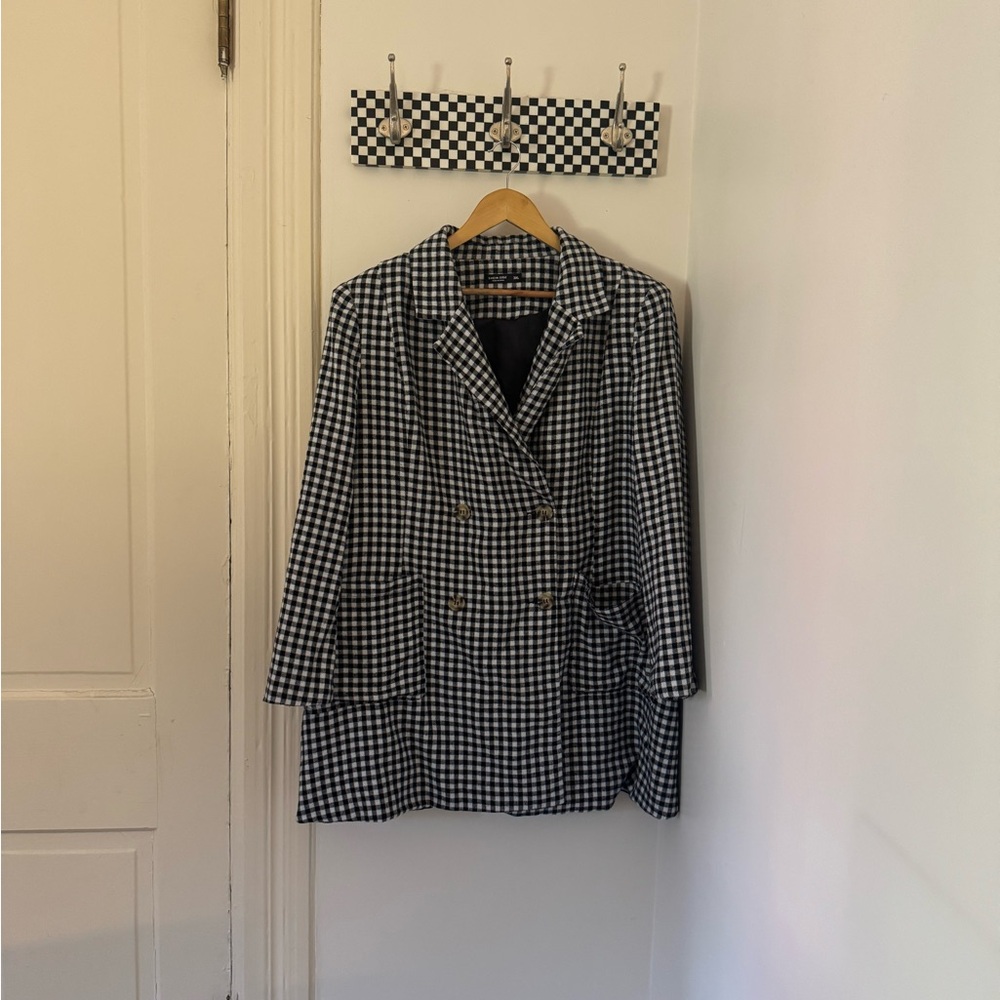 Classic Black and White Checkered Double Breasted Blazer